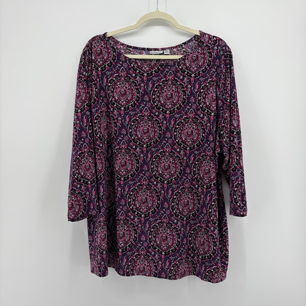 Croft & Barrow Womens 2X Purple Paisley Medallion 3/4 Sleeve Scoop Neck Tunic